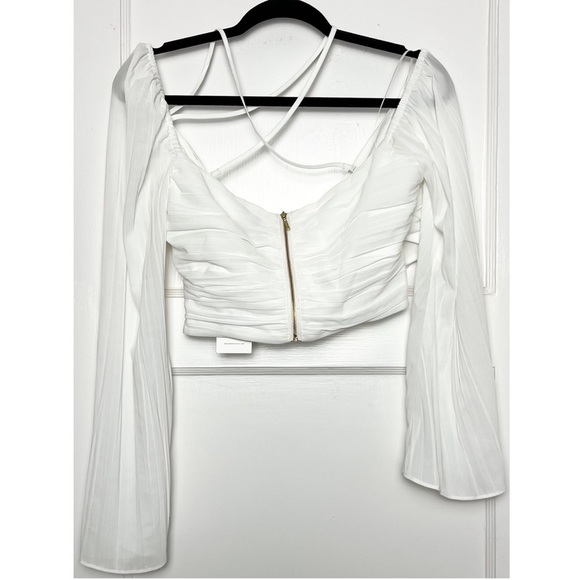 NWT BOSKEMPER Pleated Chiffon Faux Wrap One Shoulder Long Bell Sleeve Crop Top L - Picture 5 of 6